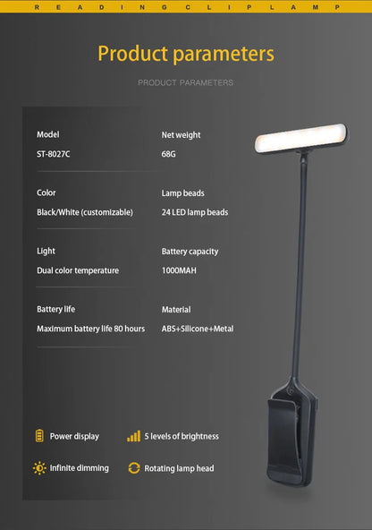 LED Book Light USB Rechargeable Reading Light Warm Cool White Daylight Portable Flexible Easy Clip Night Reading Lamp New