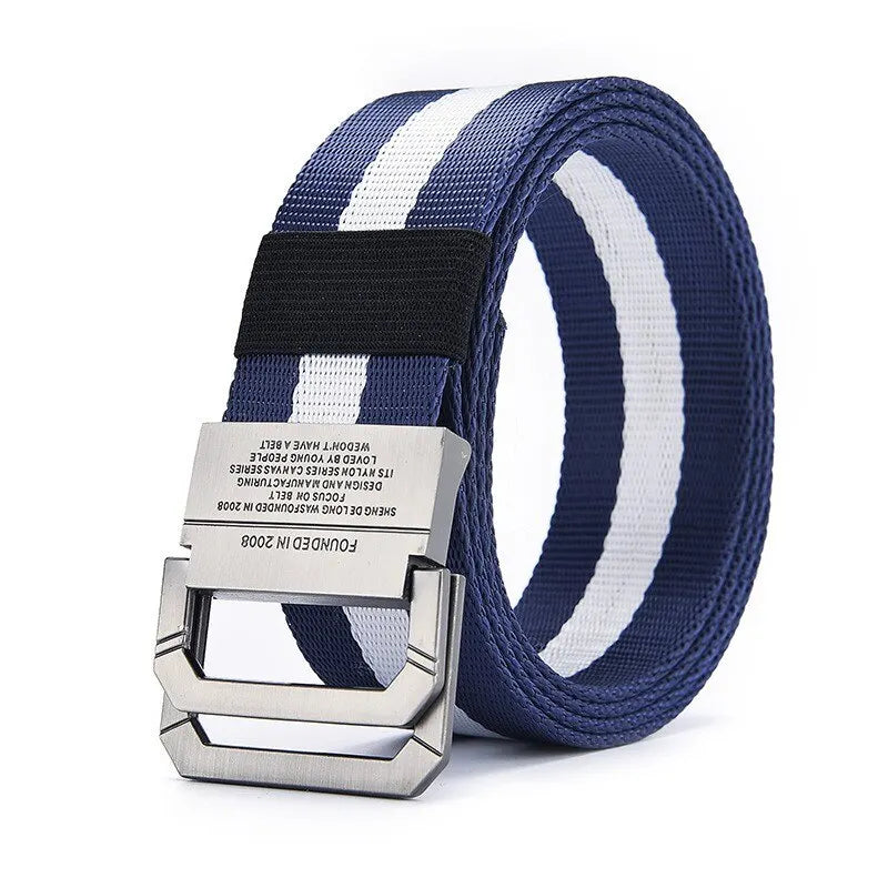 Men's Belt Trend Double Loop Buckle Canvas Belt Women's Belt with Cargo Pants Jeans Belt Outdoor Sports Belt No Perforated Belt