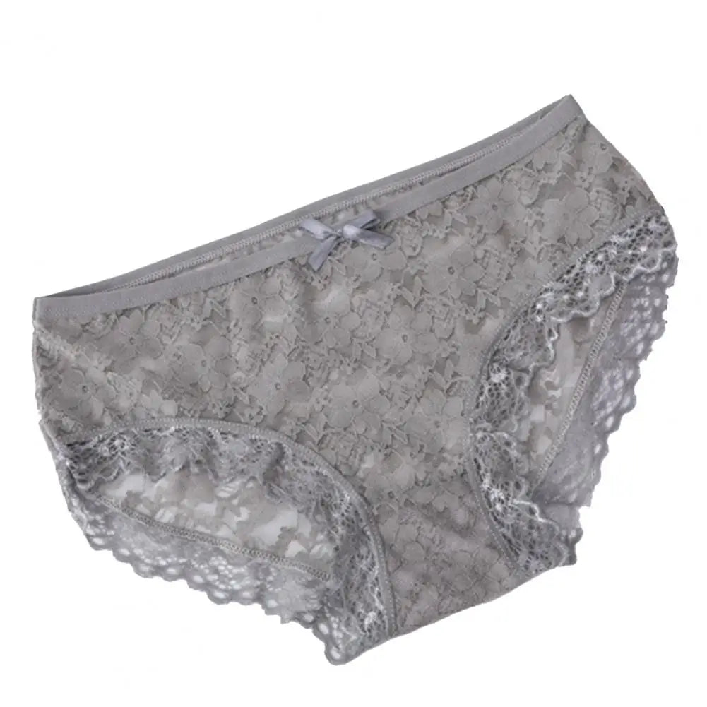 Women Panties Mid Waist Breathable Stretch Hollow Bowknot Soft See-through Lace Sexy Ladies Briefs Underpants Underwear