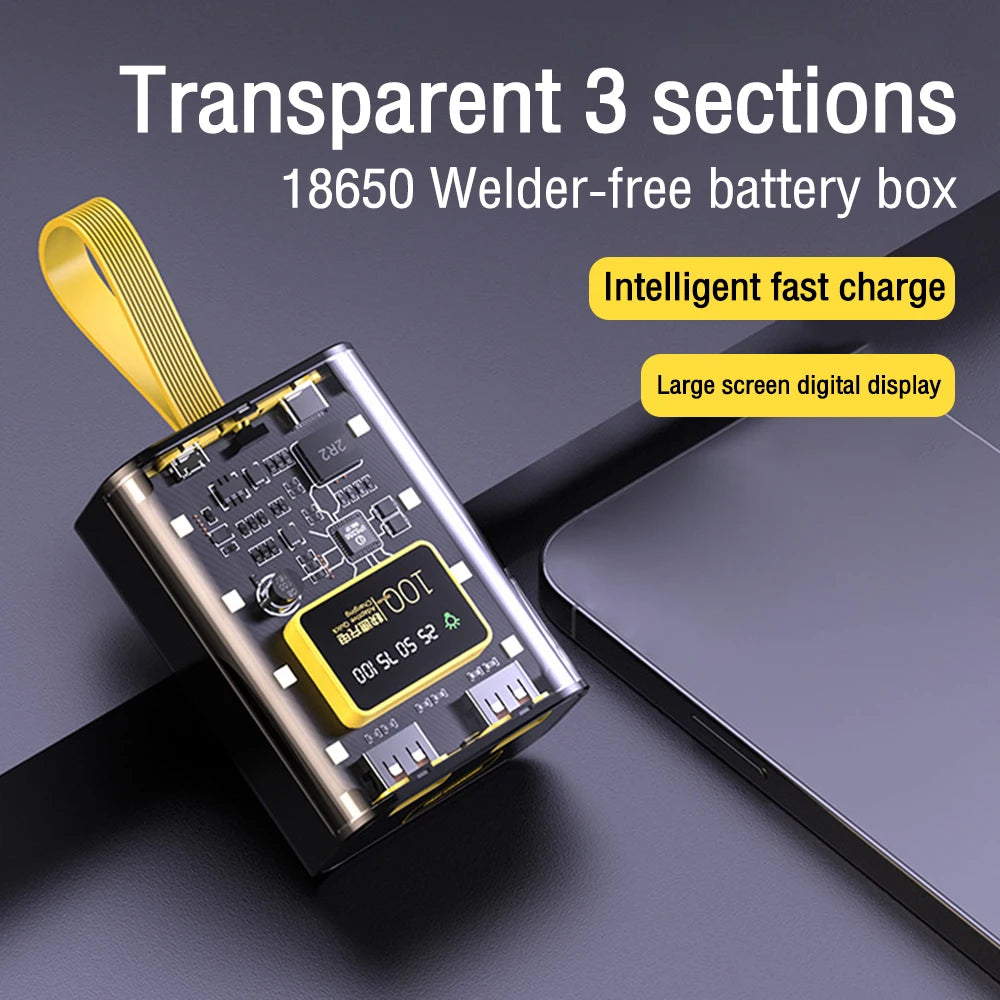 Transparent mobile power bank with 3 18650 battery packs, no welding power bank kit, DIY mobile power bank with night light