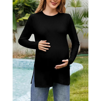 Spring New Maternity Clothes Round Neck Solid Color Slit Long Sleeve Base T-shirt Tops For Pregnant Women Maternity Wear