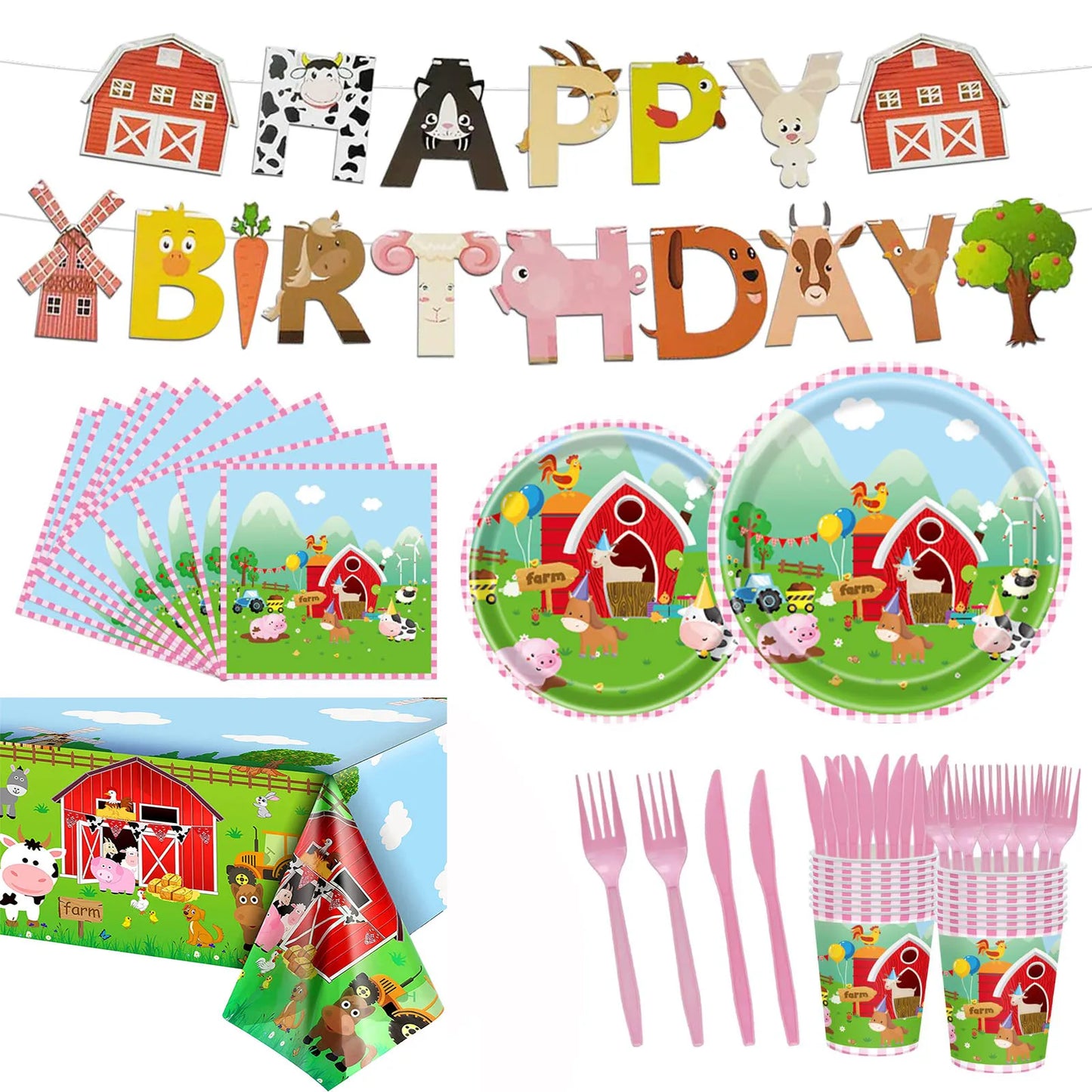 Farm Animals Tableware Plates Cups Napkins Tablecloth Farm Birthday Party Decor Birthday Banner Farm Animals Pig Cow Balloon