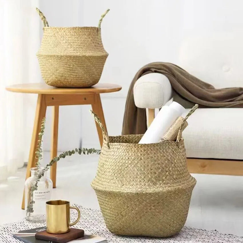 Storage Baskets Straw Wicker Rattan Hanging Flowerpot Seagrass Folding Laundry Baskets Garden Plant Basket Home Decor Pastoral