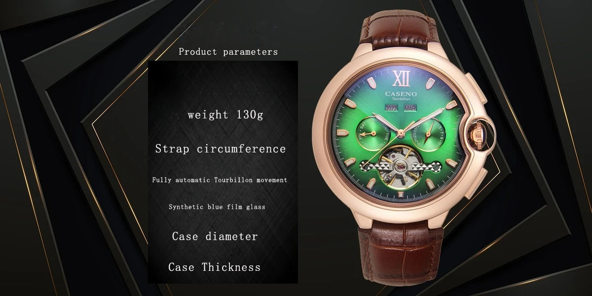 CASENO Fashion Trend Men's Blue Light Glass Night Light Scale Multi functional Fully Automatic Tourbillon Mechanical Watch 831BG