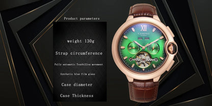 CASENO Fashion Trend Men's Blue Light Glass Night Light Scale Multi functional Fully Automatic Tourbillon Mechanical Watch 831BG