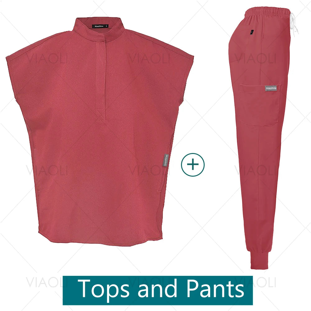 Scrubs Uniforms Sets Medical Nursing Hospital Working Clothes Solid Color Surgical Gowns Breathable Scrub Top Joggers Pants Suit