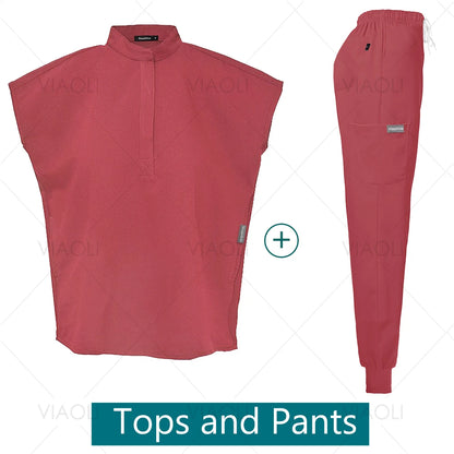 Scrubs Uniforms Sets Medical Nursing Hospital Working Clothes Solid Color Surgical Gowns Breathable Scrub Top Joggers Pants Suit