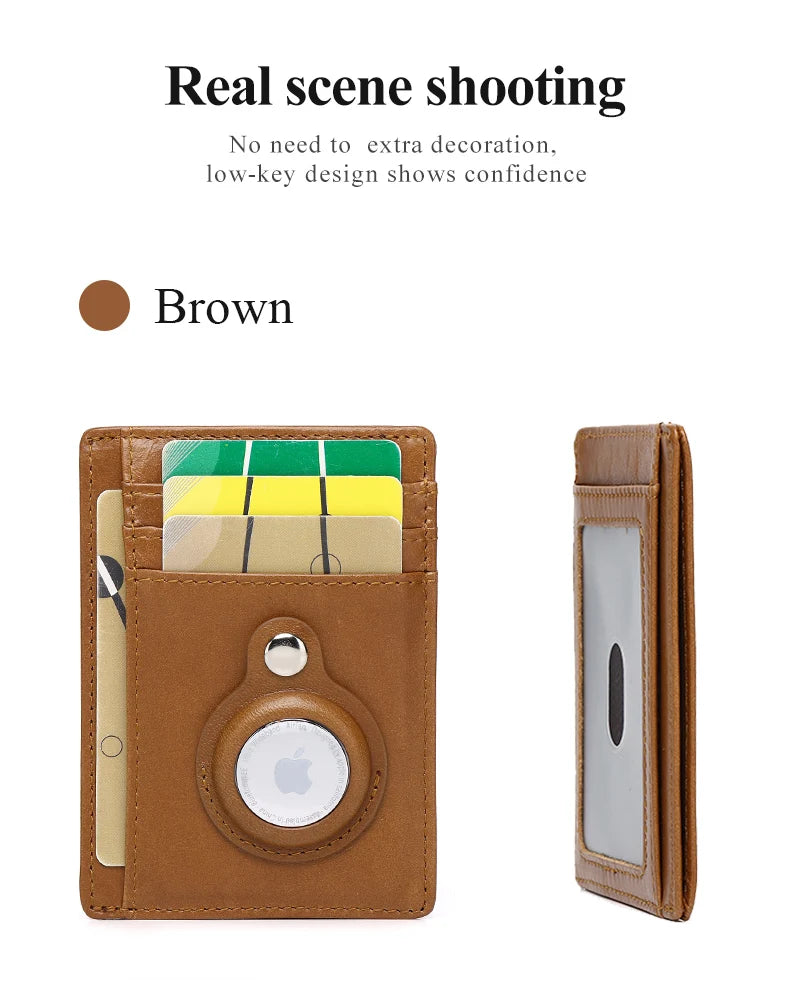SCHLATUM Genuine Leather RFID Slim Minimalist Card Holder High Quality Apple Airtag Protective Case Men Business Wallet