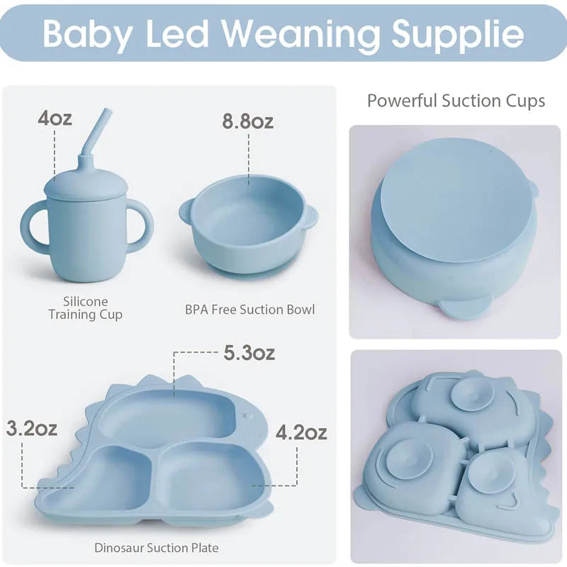 Baby Silicone Tableware Dinosaur Plate Dishes For Kids Personalized Name Baby Feeding Sets Fruit Feeder Baby Led Weaning Supplie