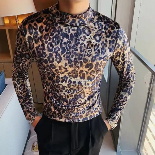 Mens T-shirt Long Sleeve Leopard Print Stretch Skinny Gym Shirt High Neck Base Shirt for Men