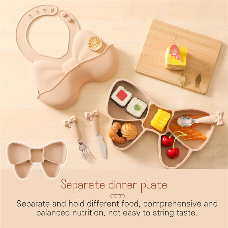 5Pc-Set Baby Cute Silicone Dining Plate Spoon Set for Baby Feeding Bow Bibs Straws Pad Fork Spoon Maternal Infant Supplies Gifts