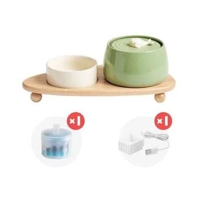 1.3L Ceramic Cat Fountains for Drinking, Anti-burn Cat Water bowl with 1 wooden mat USB Automatic Water Dispenser for Cats