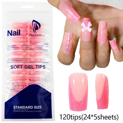 120Pcs=24*5 French Short Square Coffin False Nail White Pink Simple Wearable Fake Nails Glossy Full Cover Press on Nail Tips Art