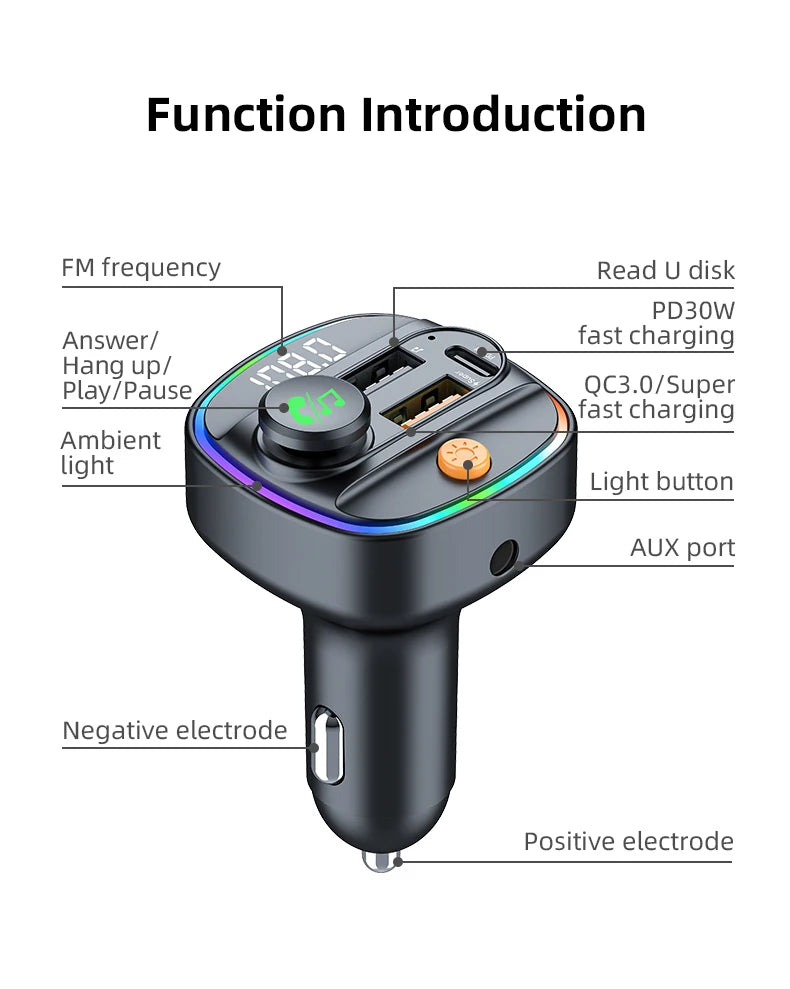 Bluetooth 5.3 FM Transmitter Handsfree Car AUX Radio Modulator MP3 Player with 22.5W & PD30W Fast Charge Adapter Car Accessories