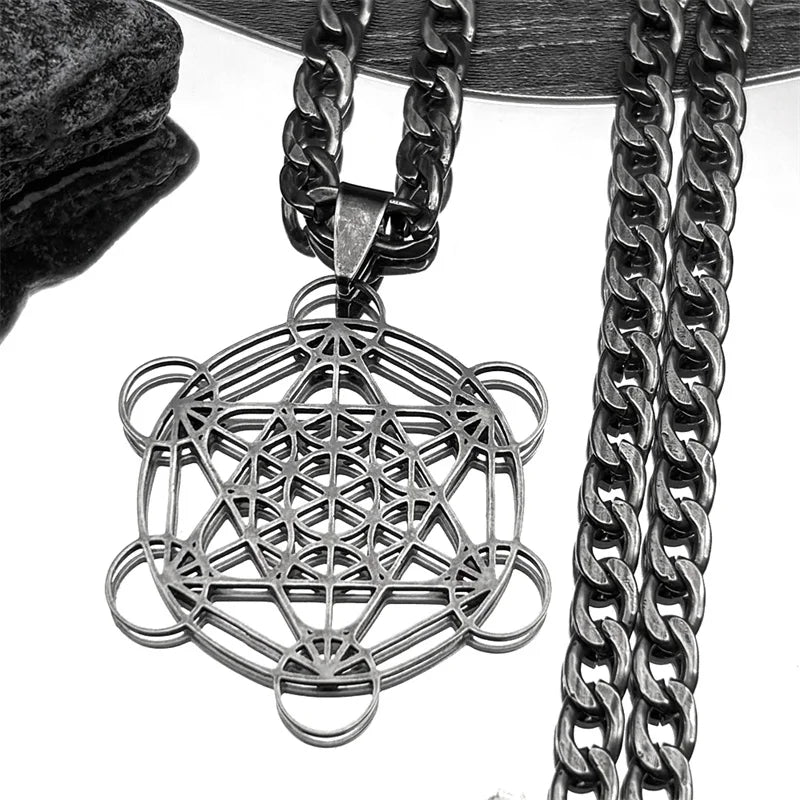 Flower of Life Chakra Spiritual Necklace for Women Stainless Steel Sacred Geometry Metatron Cube Salomon Men collar Jewelry