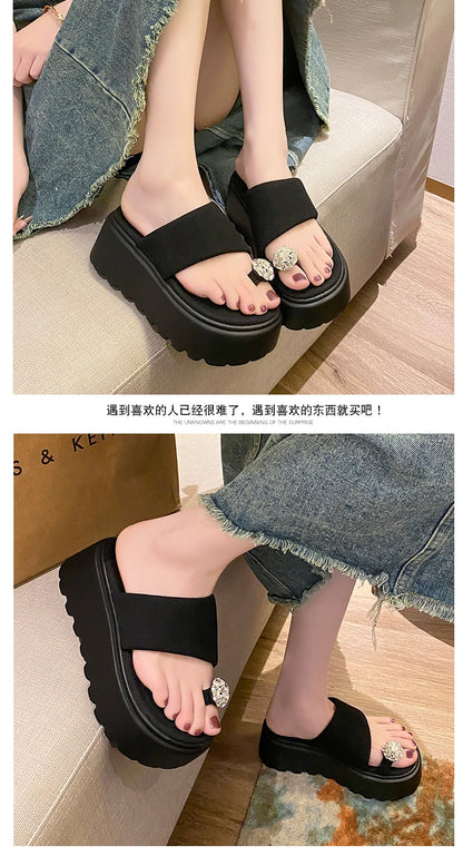 7cm Shiny Rhinestone High Platform Slippers Women Butterfiy-Knot Heels Chunky Sandals Woman Summer Thick Bottom Wedges Slides