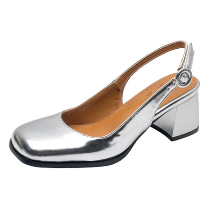 Fashion Slingback Sandals Shoes Women Block Heels Close Toe Party Office Shoes Ladies Elegant Short Heeled Silver Mules Shoes