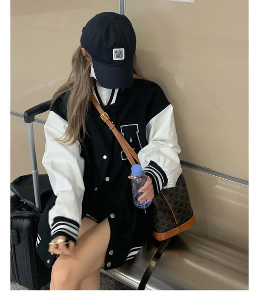 Women Bomber Jackets 2023 Fall Winter Fashion Baseball Uniform Oversize Coats Student Couple Harajuku Loose Jacket Streetwear