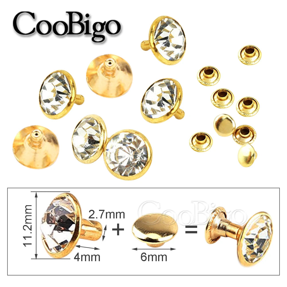 100sets Glass Crystal Double Cap Rivet Stud Rhinestone Nail Spike DIY Leathercraft Fashion Apparel Shoes Bags Decor Accessories