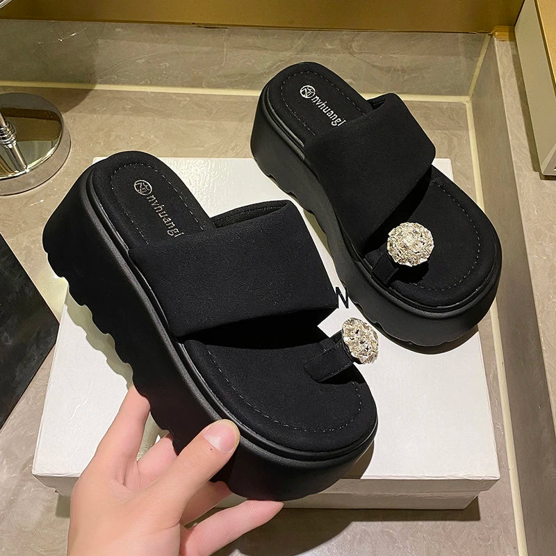 7cm Shiny Rhinestone High Platform Slippers Women Butterfiy-Knot Heels Chunky Sandals Woman Summer Thick Bottom Wedges Slides