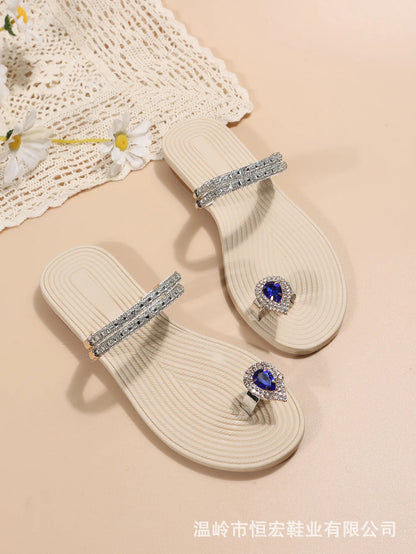 Flip-flops women 2024 summer new two-wear beach sandals European and American rhinestones soft soles flat slippers