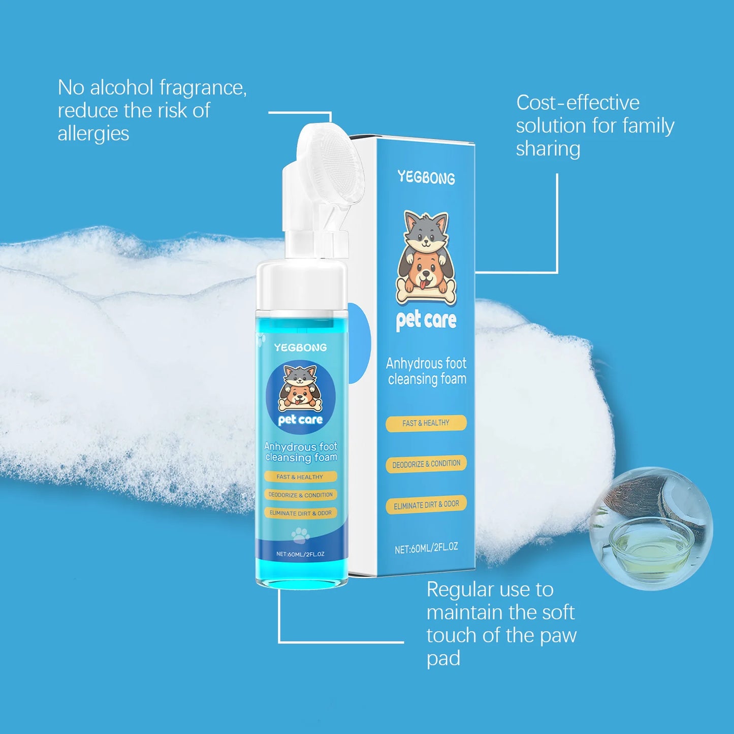 Dog Paw Washing Foam Pet Foot Cleaning Foam Rinse-free Paw Cleaner No Washing Claw Care Supplies For Cat With Silicone Brush