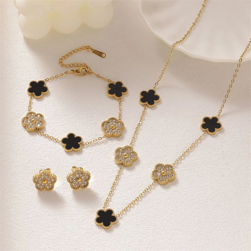 316L Stainless Steel 2025 New Fashion Fine Jewelry Set Zircon 5-Leaf Flowers Charm Chain Necklaces Bracelets Earrings For Women