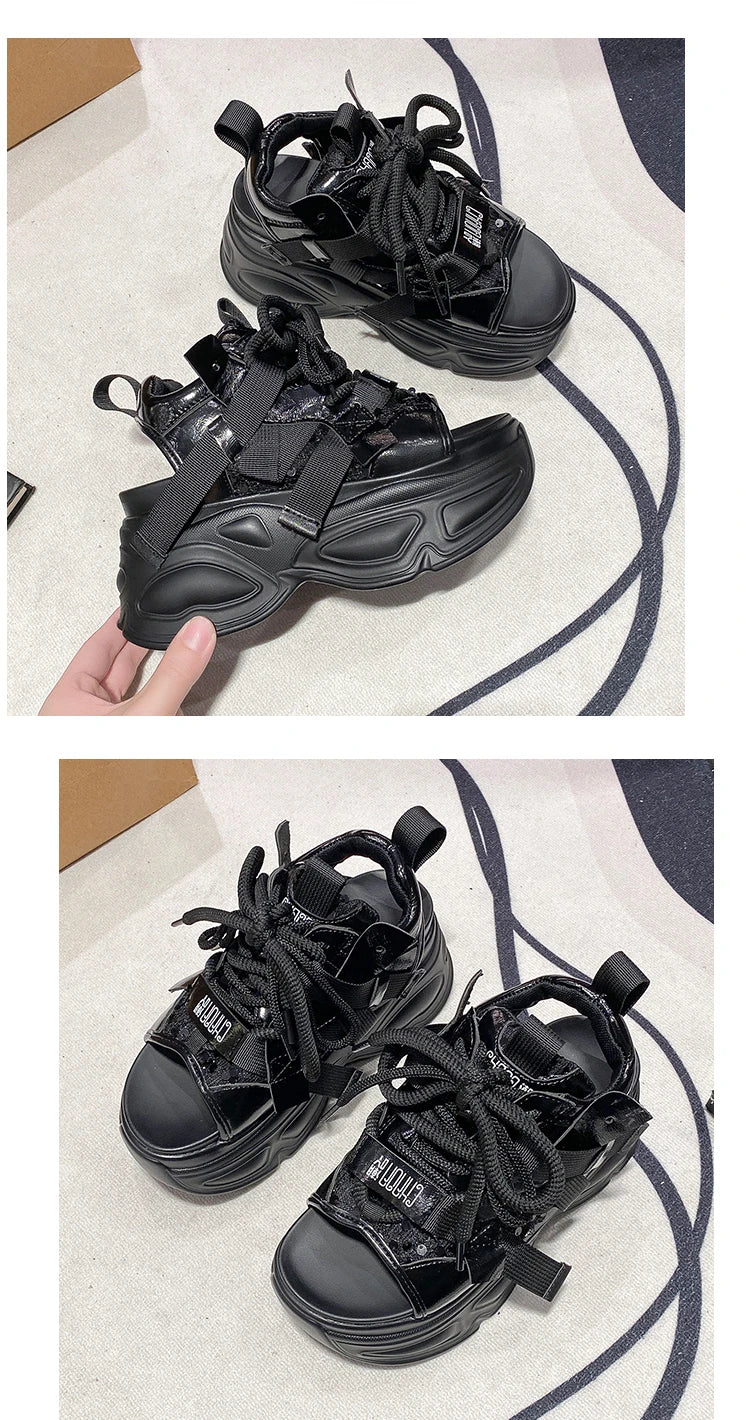 8.5cm Summer Women Leather Chunky Sandals High Platform Trainers Breathable Casual Slippers Shoes New Woman Heels Wedge Sneakers