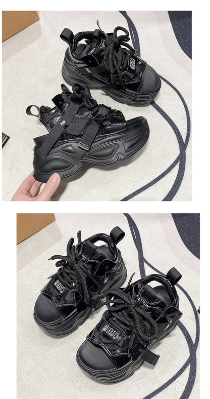 8.5cm Summer Women Leather Chunky Sandals High Platform Trainers Breathable Casual Slippers Shoes New Woman Heels Wedge Sneakers