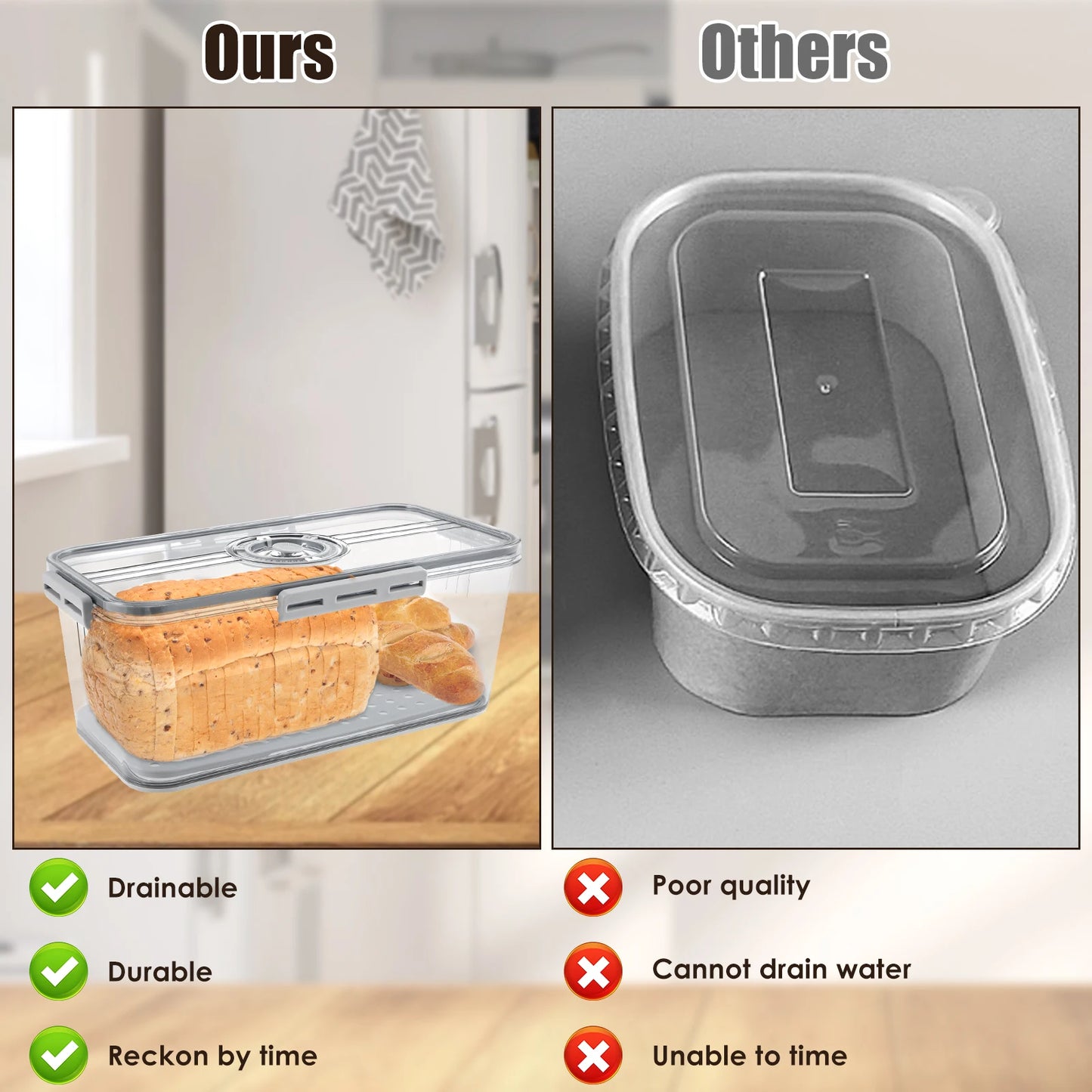 Bread Box Countertop Airtight Loaf Bread Storage Container Time Recording Bread Keeper Bread Holder Bin for Homemade Bread Bun