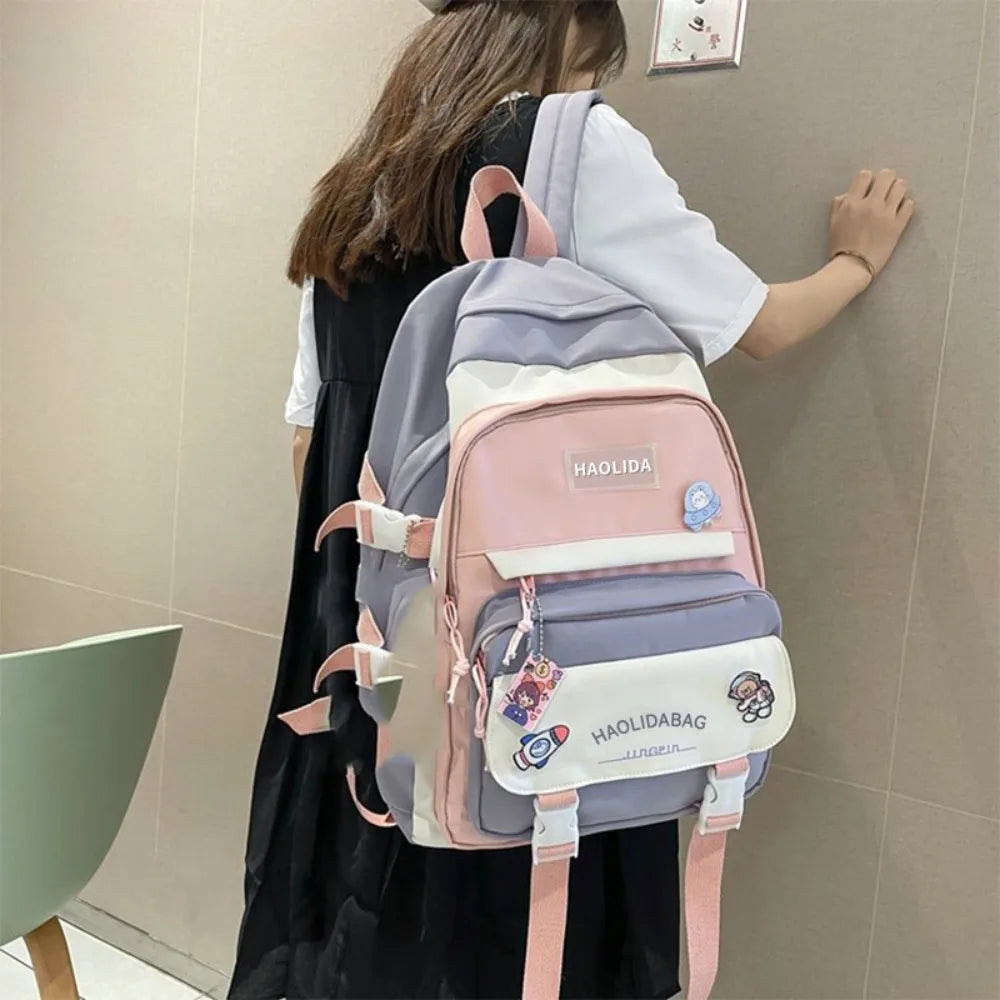 Portable Ins Students School Bags Large Capacity Bear High School Backpacks Multi Pockets Cartoon Teenage Shoulder Bags Girl