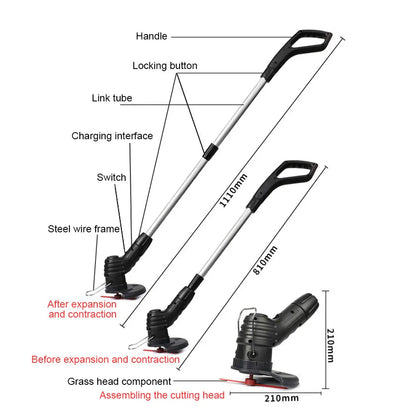 Electric Cordless Grass Trimmer Length Adjustable Rechargeable Lawn Mower Portable Mini Lawn Mower USB Charging for Garden/Lawn