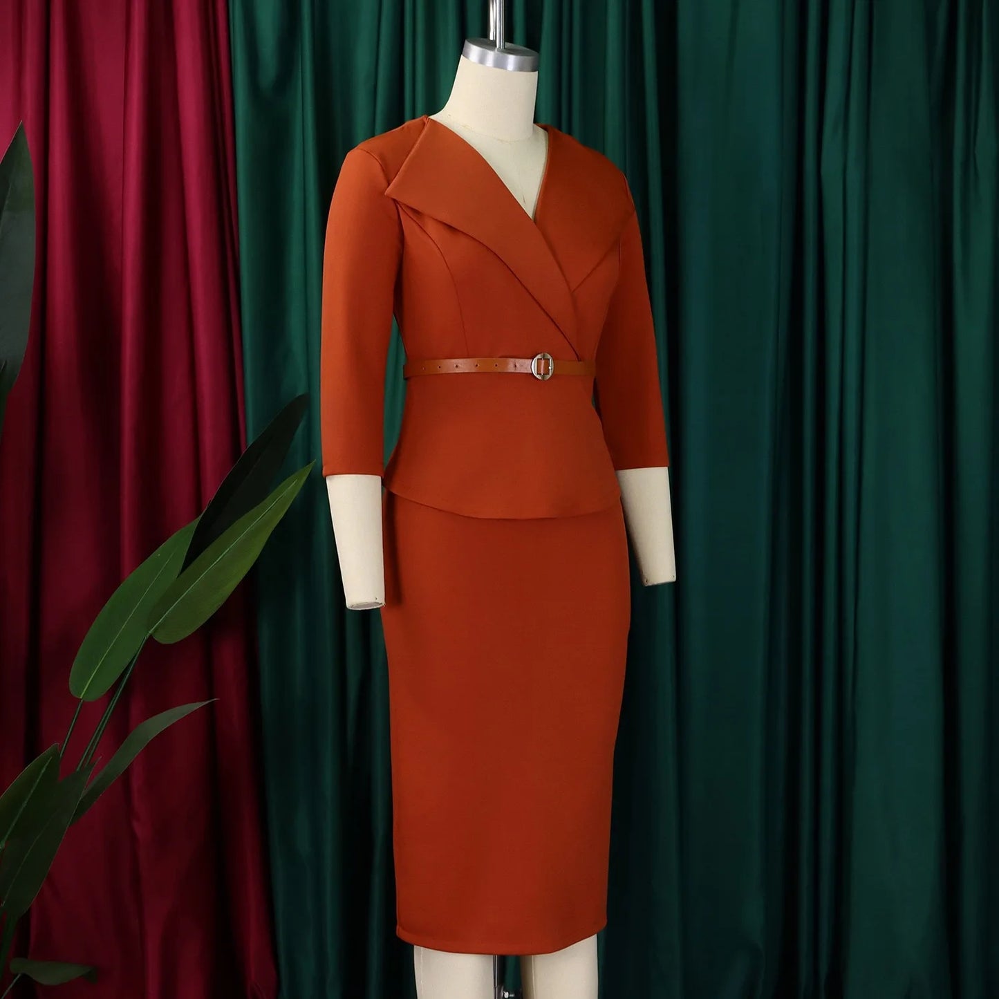 Elegant Office Dresses for Woman V Neck Full Sleeve Belt Waisted Sheath Package Hips Mid Calf Formal Business Work Wear Gowns OL