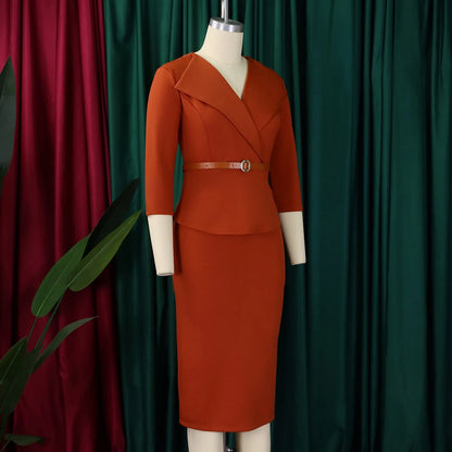 Elegant Office Dresses for Woman V Neck Full Sleeve Belt Waisted Sheath Package Hips Mid Calf Formal Business Work Wear Gowns OL