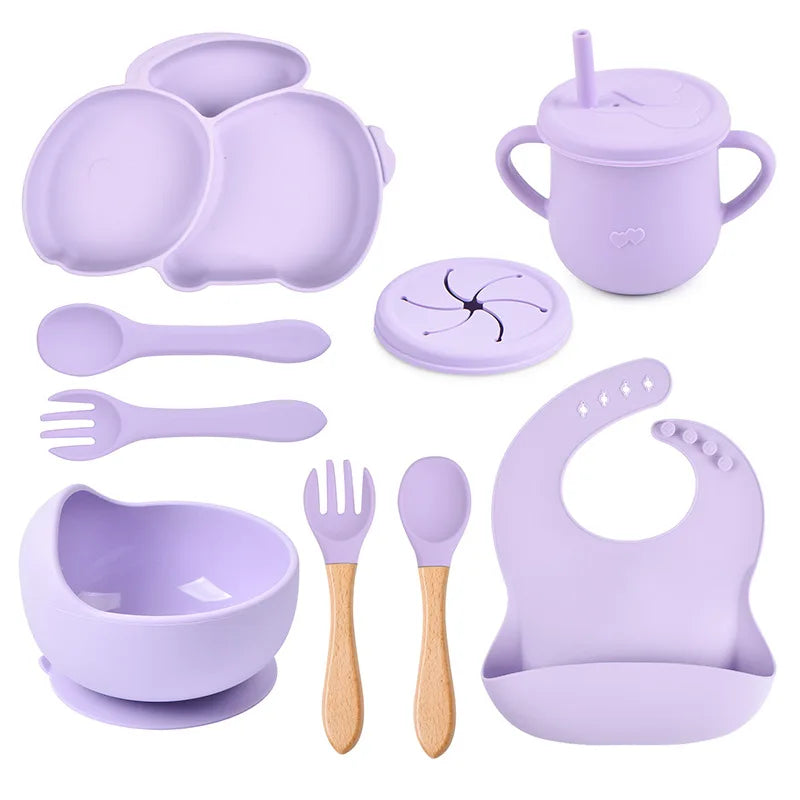 Baby Silicone Tableware Set   Plate with sucker Waterproof Bib Newborn Feeding Burp Toddler Dinner Plate