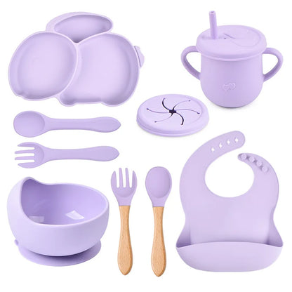 Baby Silicone Tableware Set   Plate with sucker Waterproof Bib Newborn Feeding Burp Toddler Dinner Plate