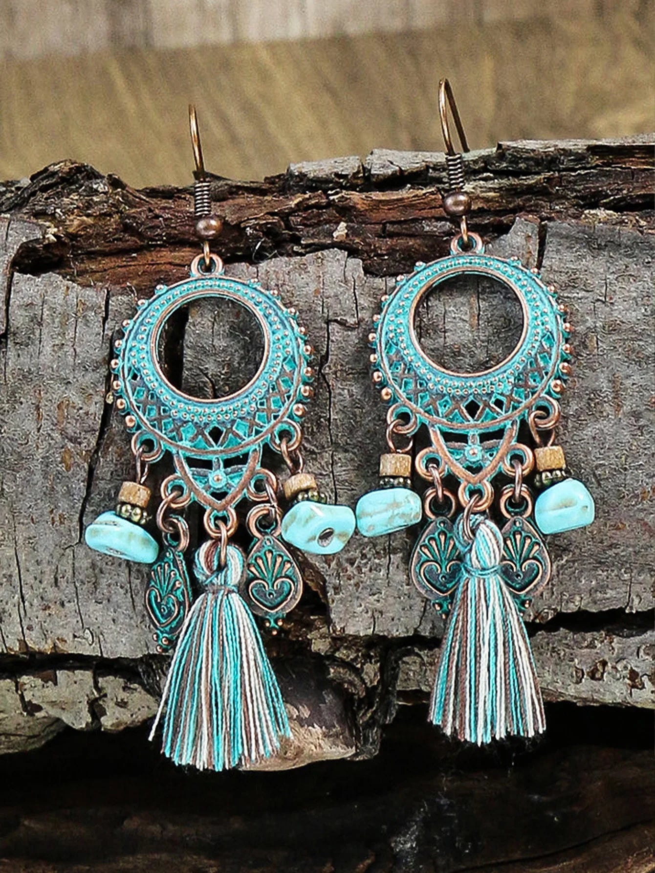 Bohemian ethnic style earrings Bohemian hollowed out circular ring tourism vacation jewelry retro round tassel women's earrings