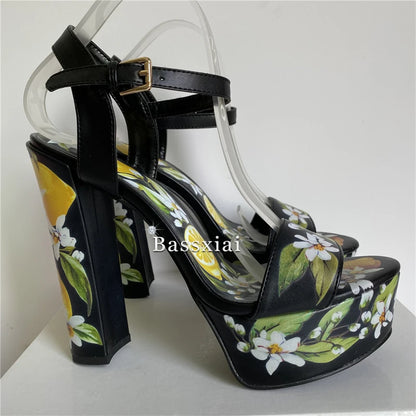 2025 Print Flower High Platform Sandals Women Chunky Heel Genuine Leather Ankle Strap Party Shoes Summer
