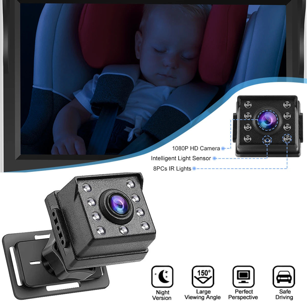 Baby Car Mirror 1080P Baby Monitor with Night Vision 150° Wide View Angle for Infants Kids with Camera USB Plug 4.3" Baby Camera