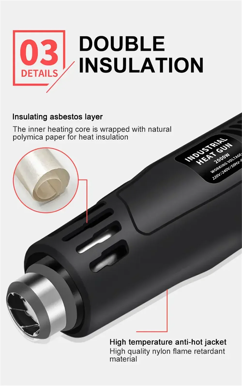 2000W Hot Air Gun High Power Temperature Regulating Industrial Electric Heat Gun Automobile Film Baking Gun Tool