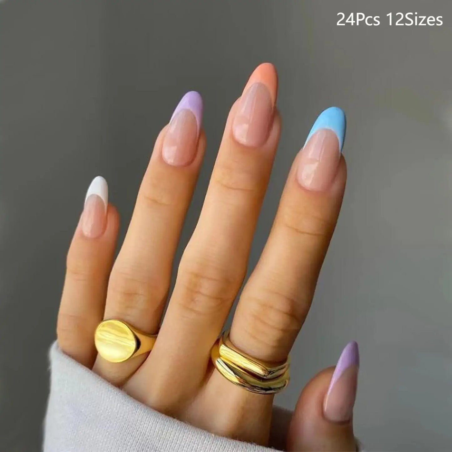 24Pcs Rainbow nail art multi-color fake nail French tip  long almond press on nail