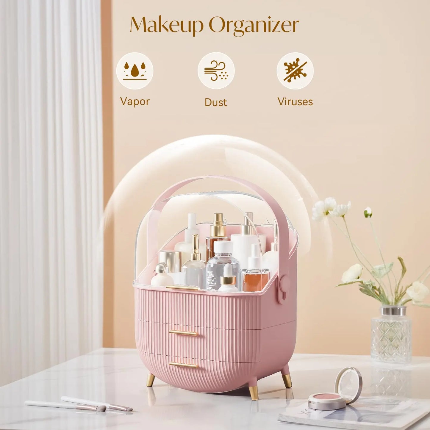 Makeup Storage Organizer with Lid Waterproof Cosmetics Skincare Organizer for Vanity Portable Cosmetics Storage Box for Girls