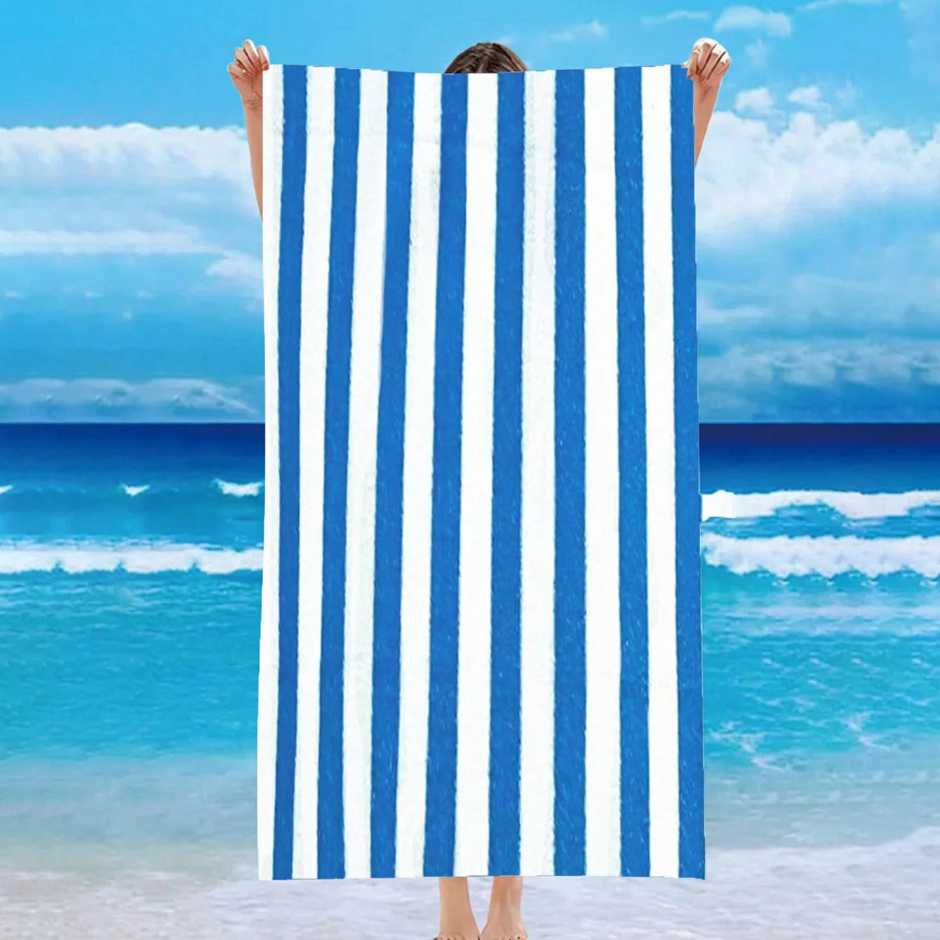Blue White Striped Beach Towel - Quick-Dry Absorbent Polyester for Beach & Pool, Soft & Lightweight