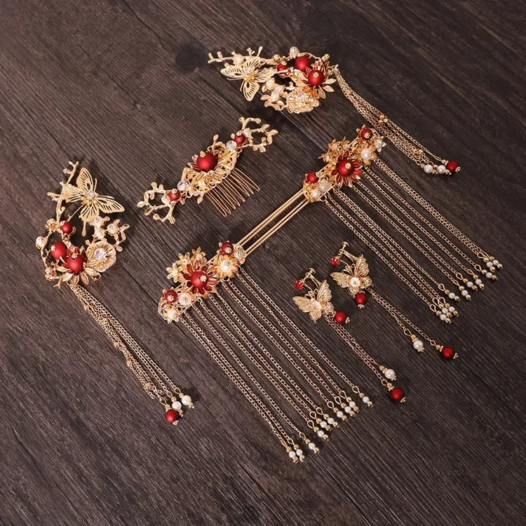 Xiuhe Headwear Accessories Chinese Hanfu Bridal Hair Accessories Set Tassel Dragon Phoenix Coat Hair Accessories Ancient Gifts