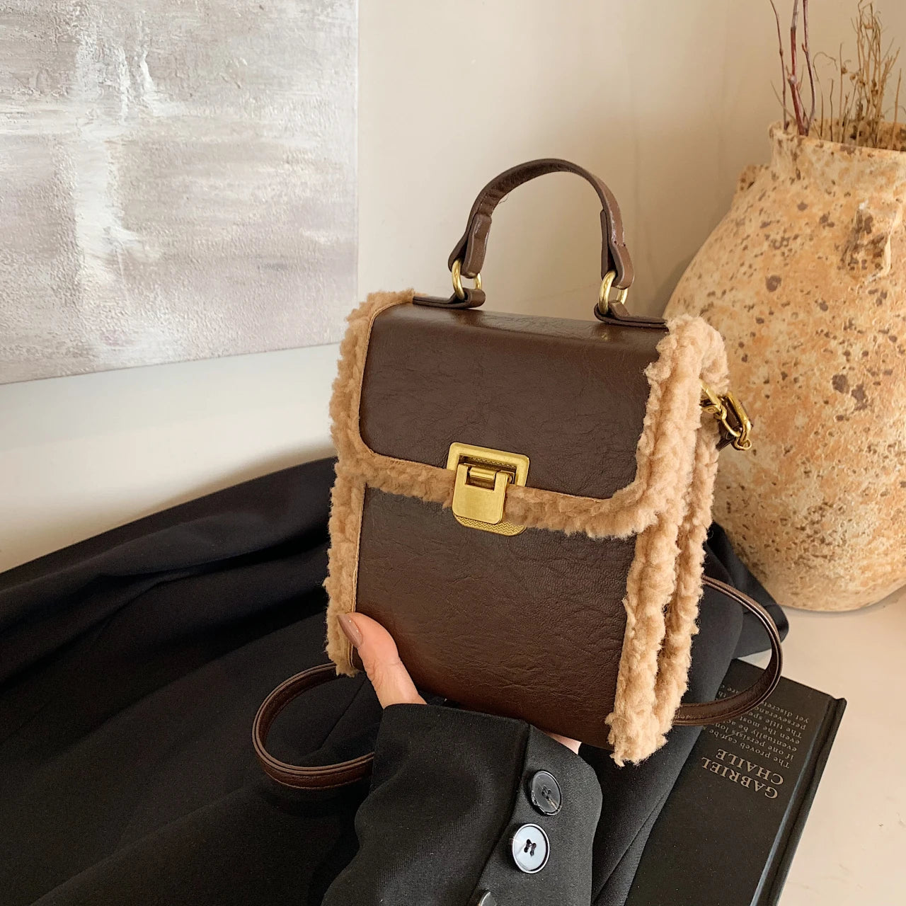 Fashion Small Totes Bag 2024 Trend PU Leather Shoulder Bags for Women Cute Short Handle Crossbody Phone Bag Luxury Fur Handbags