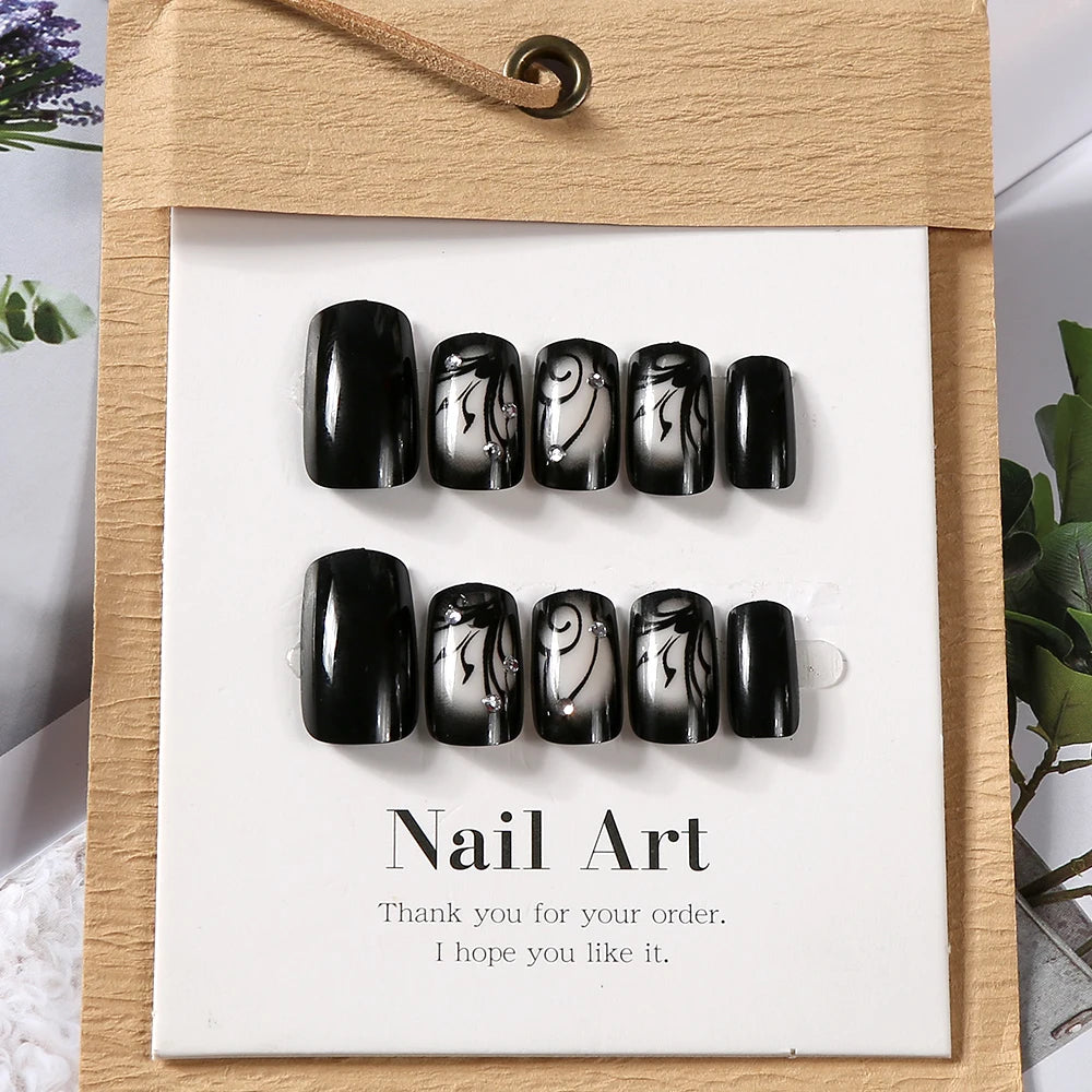 24pcs Glossy Black Flower Press on Nails with Rhinestones Wearable Short Square False Nails Finished Reusable Press on Nails