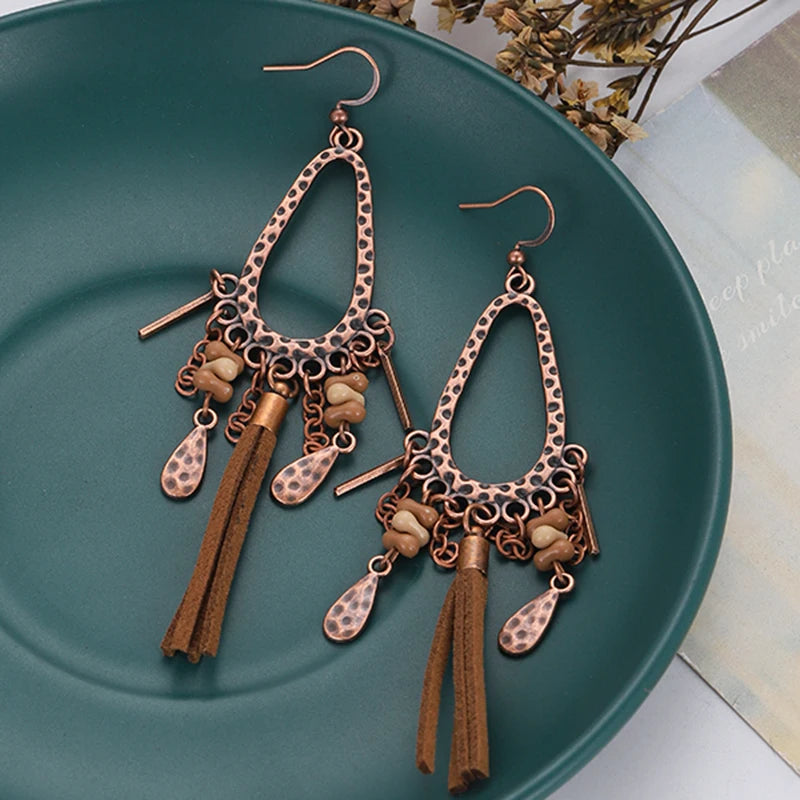 Bohemian Brown Geometric Fringe Earrings for Women Vintage Hollow Flower Beads Tassel Earrings Girls Party Jewelry Gifts