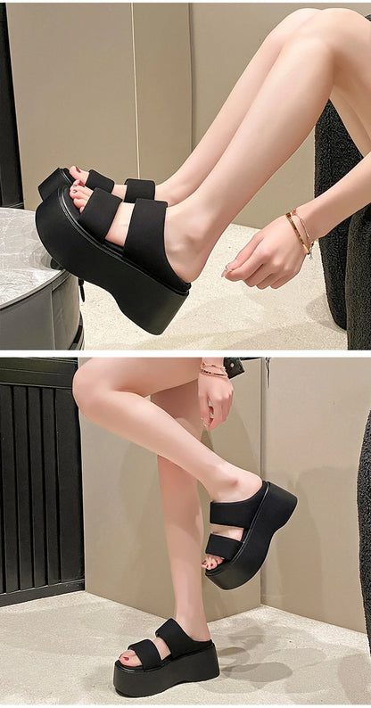 Summer 2023 Chunky Sandals Women's Thick Bottom Wedge Heels Slides 8CM High Heels Platform Leather Casual Beach Flip Flops Woman