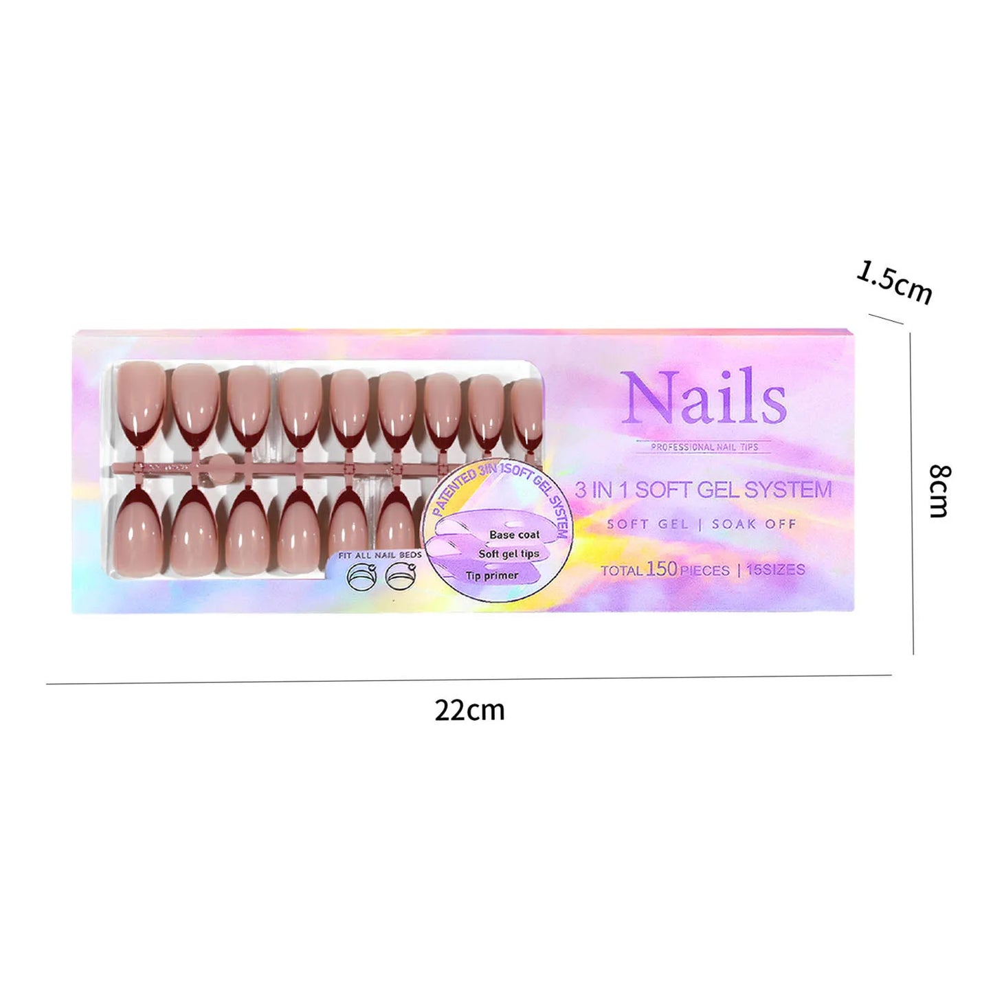 150pcs 6 Colors Fake Nail Multi-size False Nail Press On Acrylic Nails Almond French Wearing Armor Removable Convenient