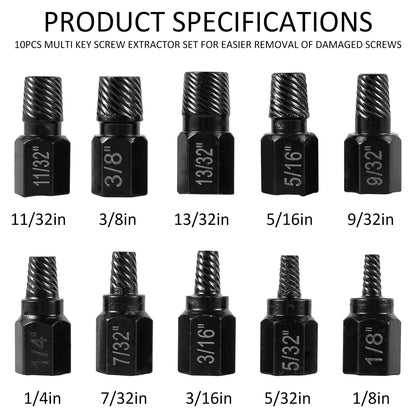 10Pcs Screw Extractor Kit Alloy Steel Damaged Screw Remover Metal Set Easy Out Drill Bits Bolt Stud Multi-Spline Screw Extractor